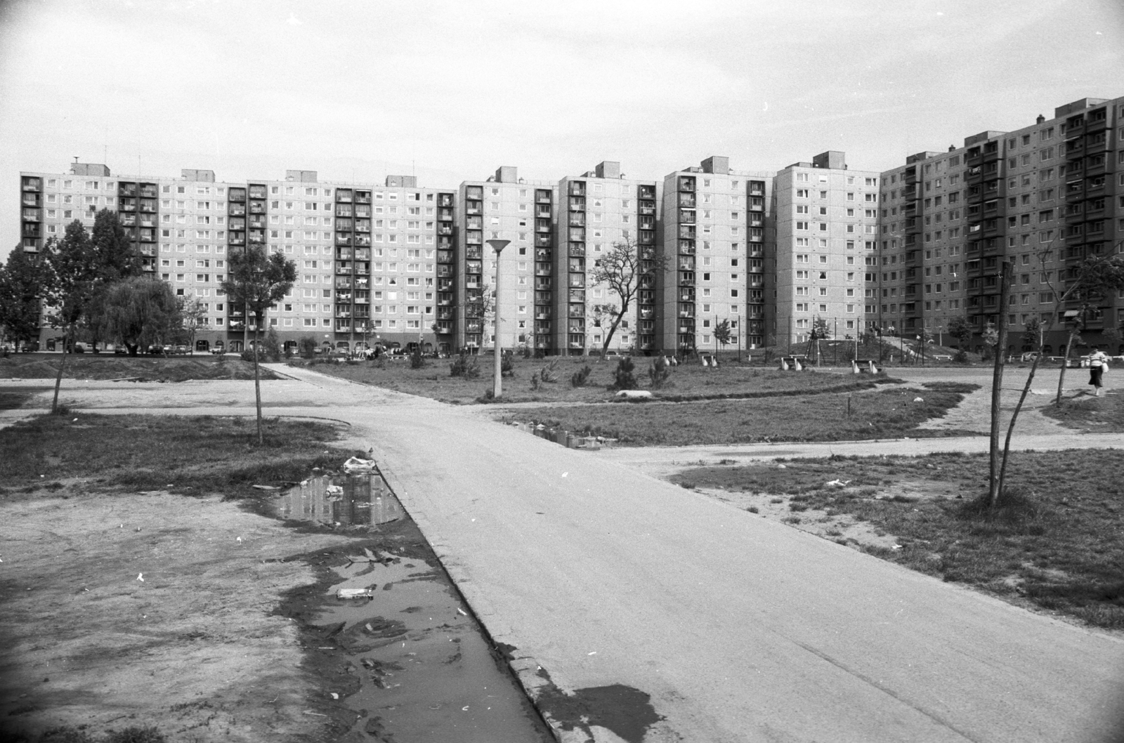 Magyarország, Székesfehérvár, Palotaváros (Lenin lakótelep), központi park, háttérben a Tolnai utca házai., 1986, Építésügyi Dokumentációs és Információs Központ, VÁTI, lakótelep, panelház, közvilágítás, Fortepan #33417