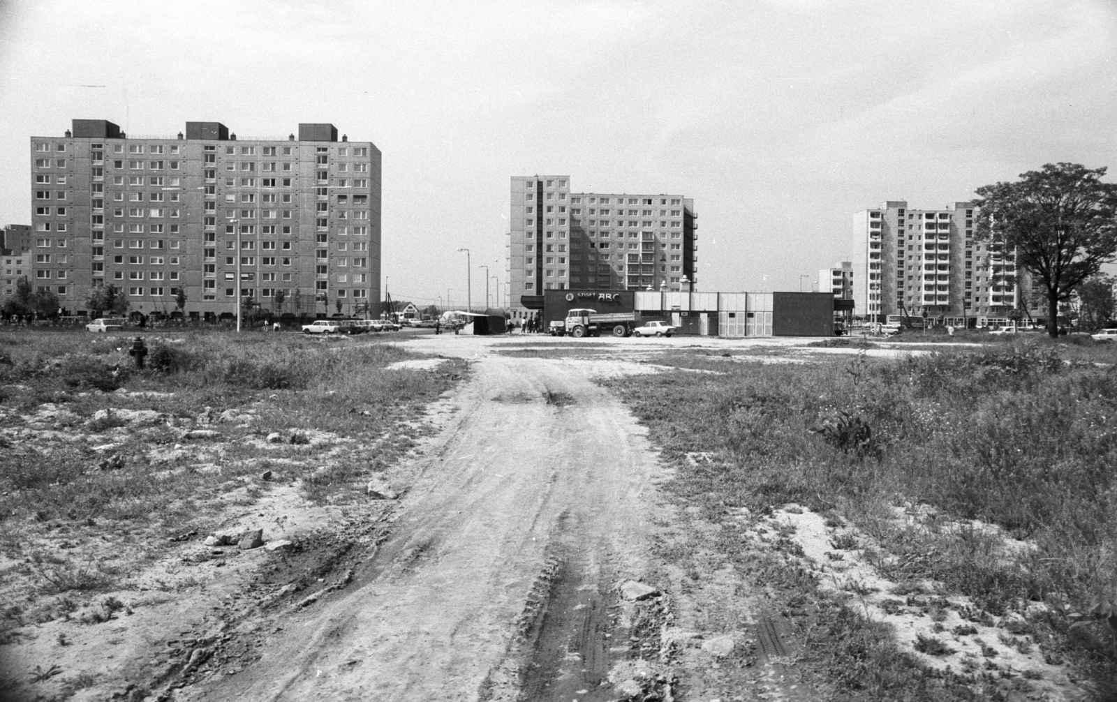 Hungary, Székesfehérvár, Palotaváros (Lenin lakótelep), balra a Selyem utca, jobbra a Halász utca., 1986, Építésügyi Dokumentációs és Információs Központ, VÁTI, shop, grocery store, blocks, commercial vehicle, automobile, Fortepan #33424