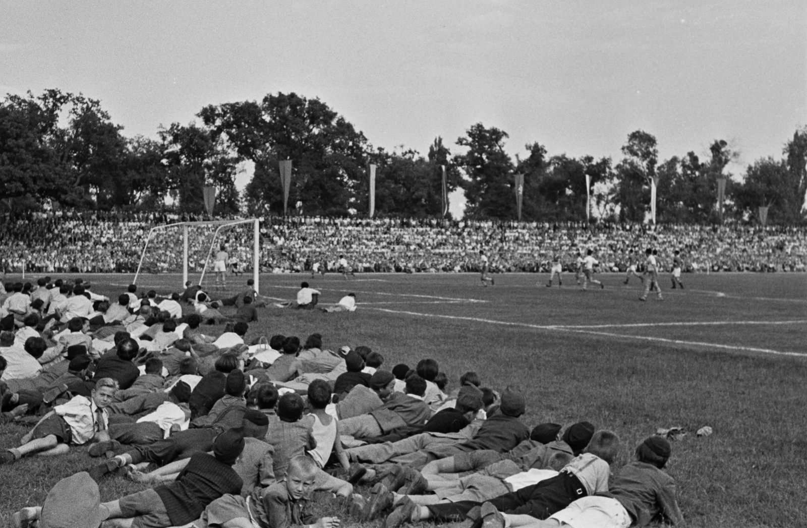 Hungary, Debrecen, Nagyerdei Stadion, Magyarország - Lengyelország ifjúsági labdarúgó-mérkőzés., 1949, Kovács Márton Ernő, football, auditorium, youth, lying on stomach, Fortepan #33524