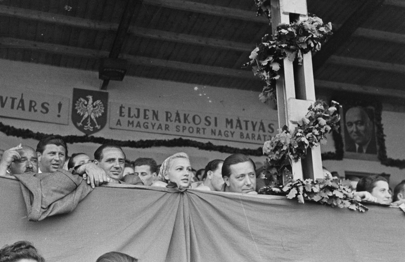 Hungary, Debrecen, Nagyerdei Stadion, Magyarország - Lengyelország (8:2) válogatott labdarúgó-mérkőzés., 1949, Kovács Márton Ernő, Mátyás Rákosi-portrayal, national emblem, slogan, Fortepan #33527