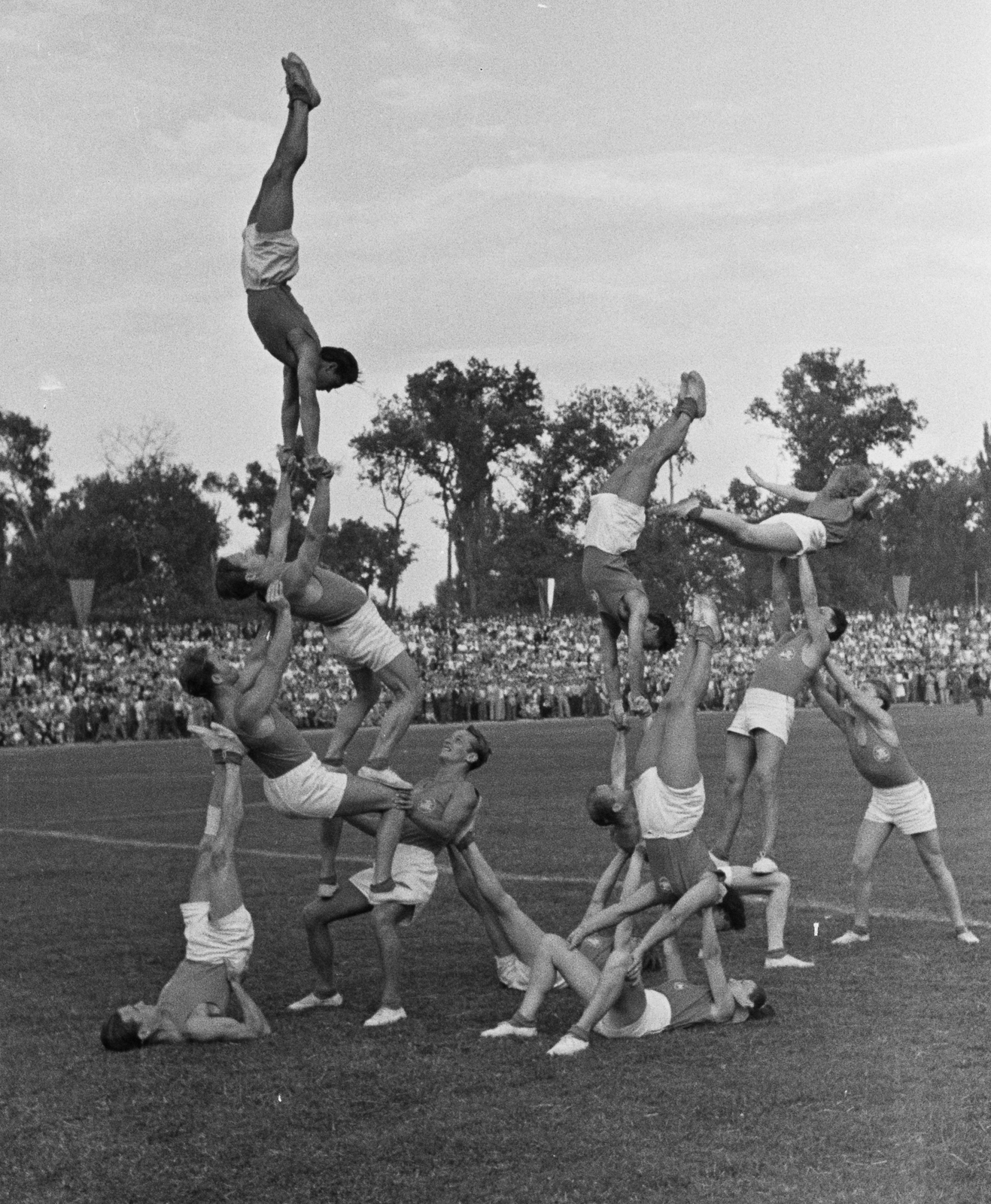 Hungary, Debrecen, Nagyerdei Stadion, Magyarország - Lengyelország (8:2) válogatott labdarúgó-mérkőzés., 1949, Kovács Márton Ernő, exercise, spreading, handstand, human pyramid, feat, Fortepan #33543