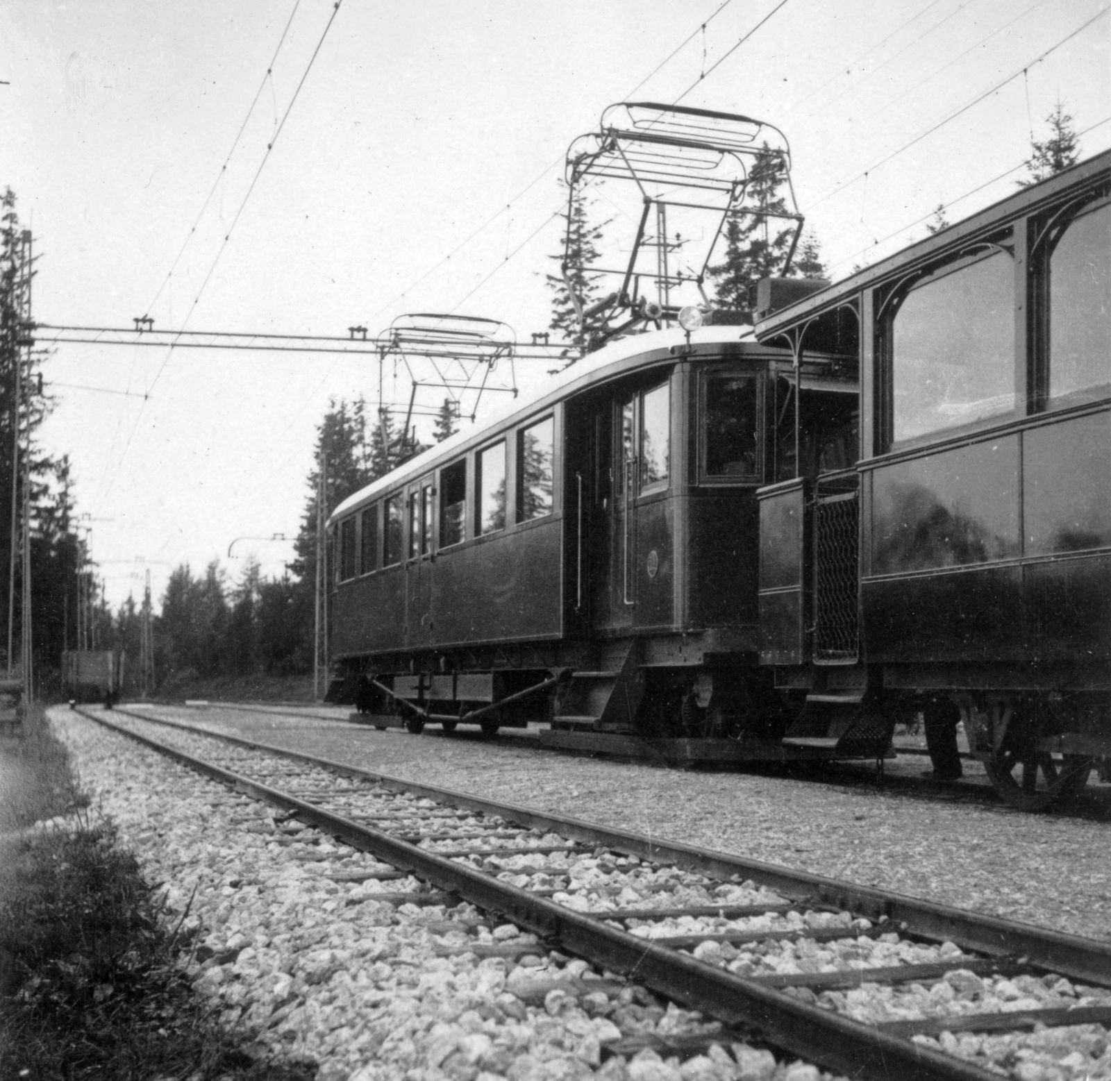 Szlovákia,Magas-Tátra, Tátrafüred, a Helyiérdekű Villamos Vasút motorkocsija., 1934, Pohl Pálma, Csehszlovákia, erdő, vasút, vasúti szerelvény, Felvidék, kisvasút, Tátra hegység, Csehszlovák Államvasutak, Fortepan #33856