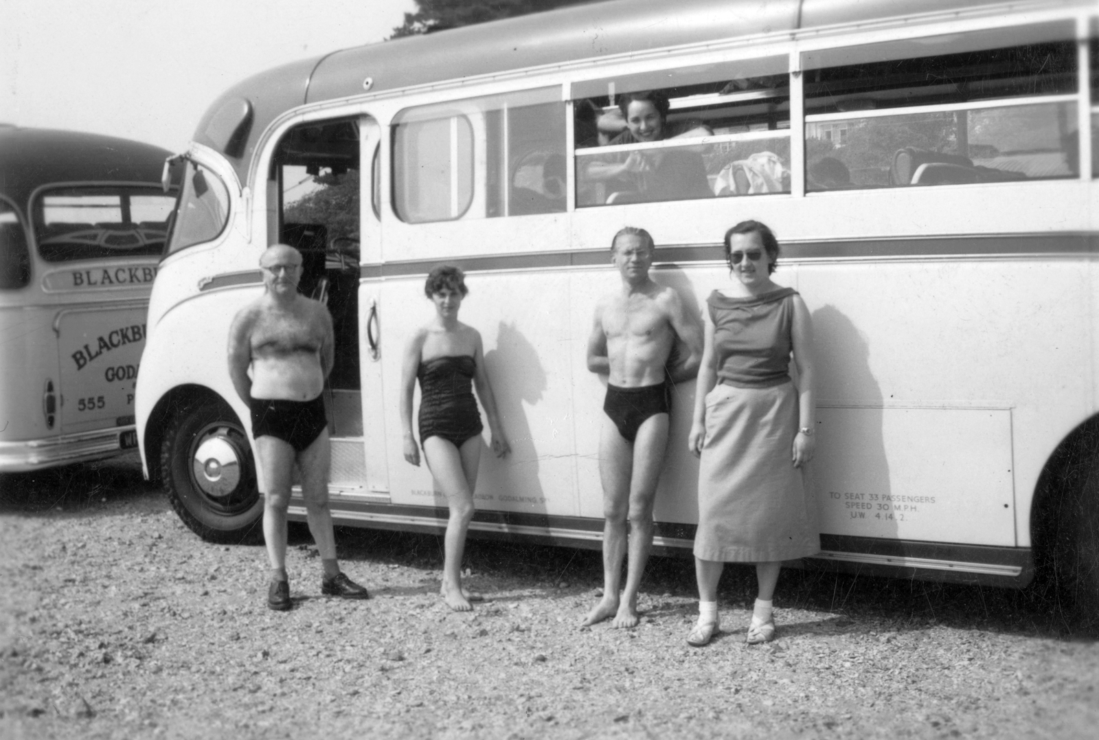 Egyesült Királyság, 1955, Ongrádi Melinda, fürdőruha, napsütés, autóbusz, nők, férfiak, napszemüveg, Fortepan #39354