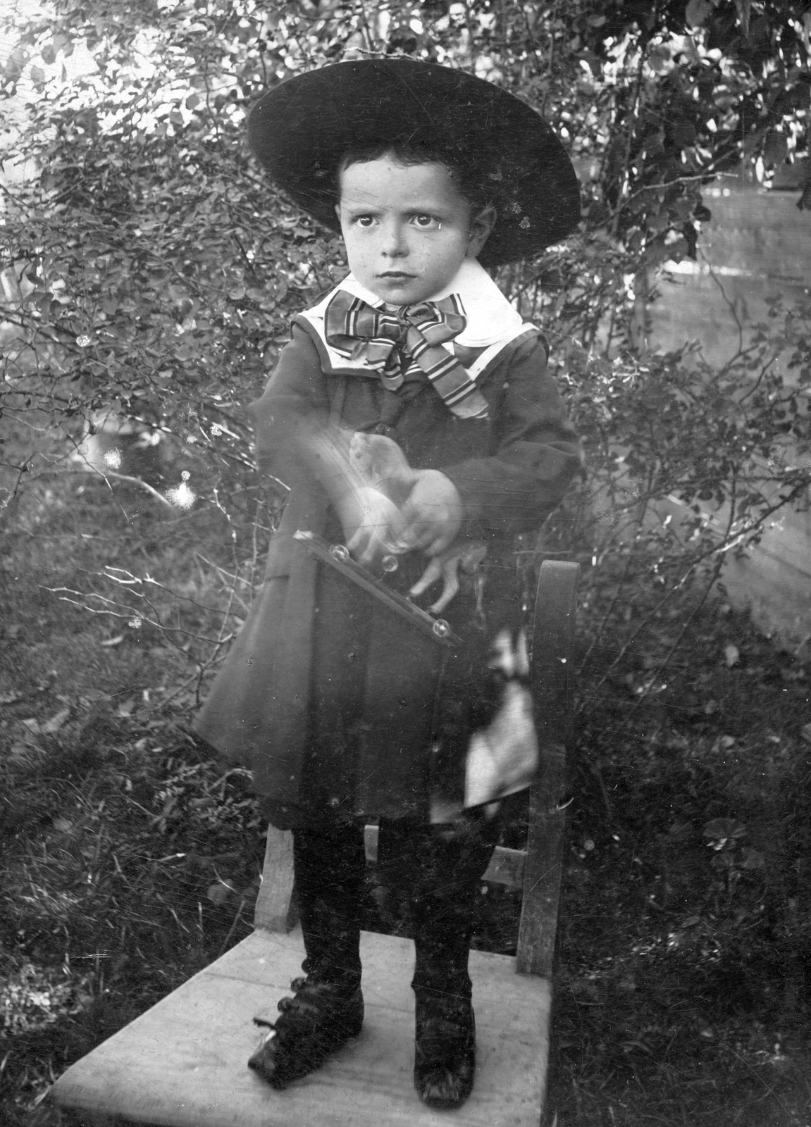 1905, Tarbay Júlia, portrait, kid, toy, standing on a chair, Fortepan #39455
