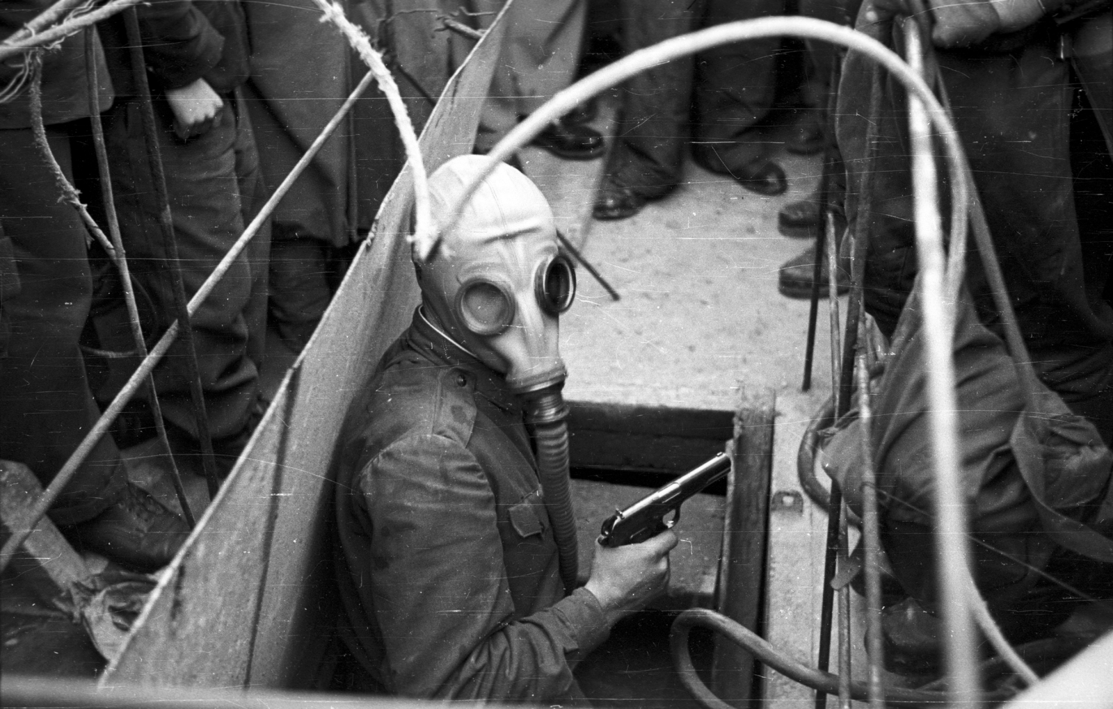 Hungary, Budapest V., Kossuth Lajos tér déli oldala, metró építkezés területe., 1956, Nagy Gyula, revolution, gas mask, pistol, subway construction, Budapest, Best of, Fortepan #39763