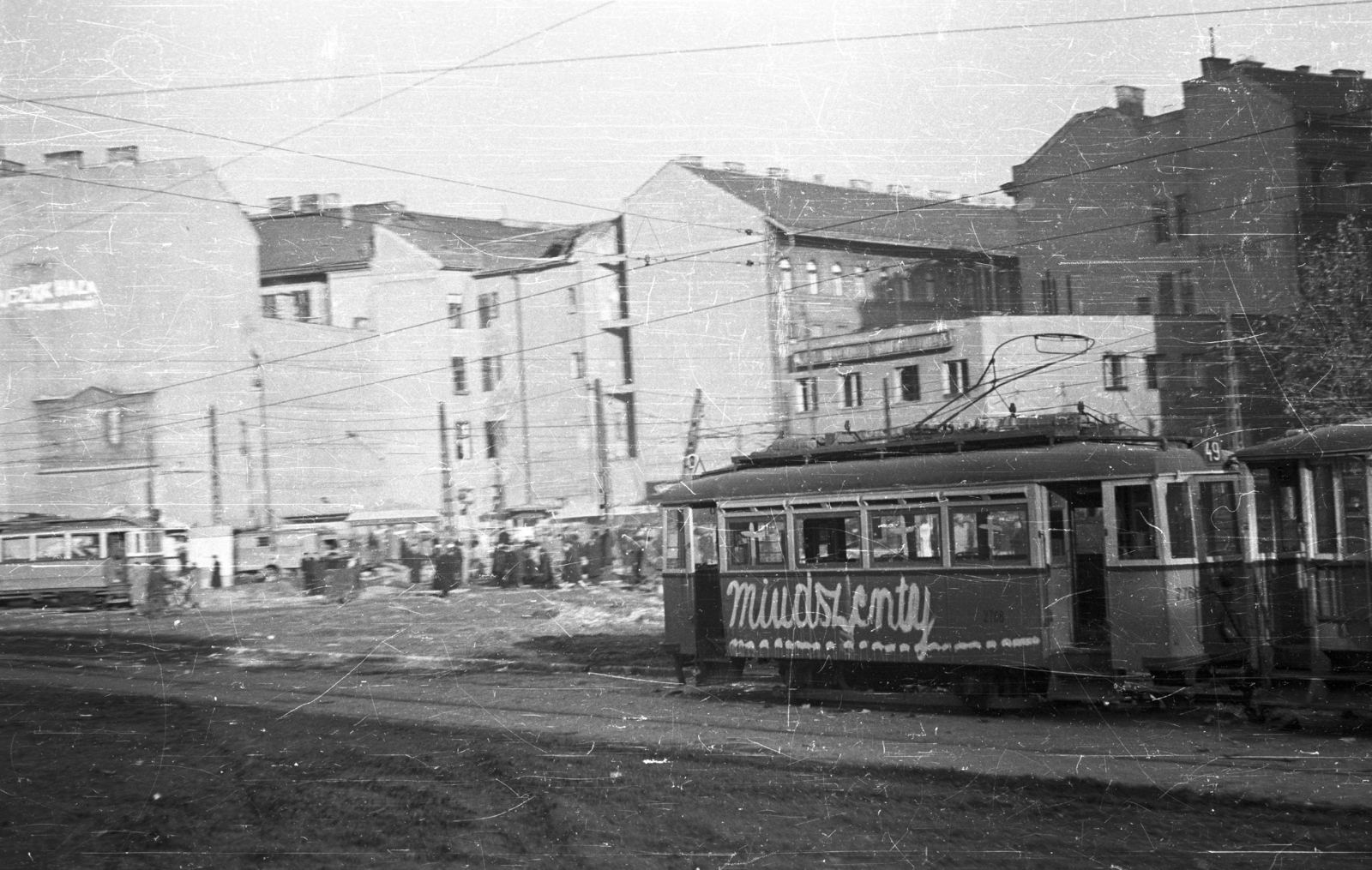 Hungary, Budapest VIII.,Budapest V., Kálvin tér., 1956, Nagy Gyula, label, revolution, tram, Budapest, public transport line number, Fortepan #39985