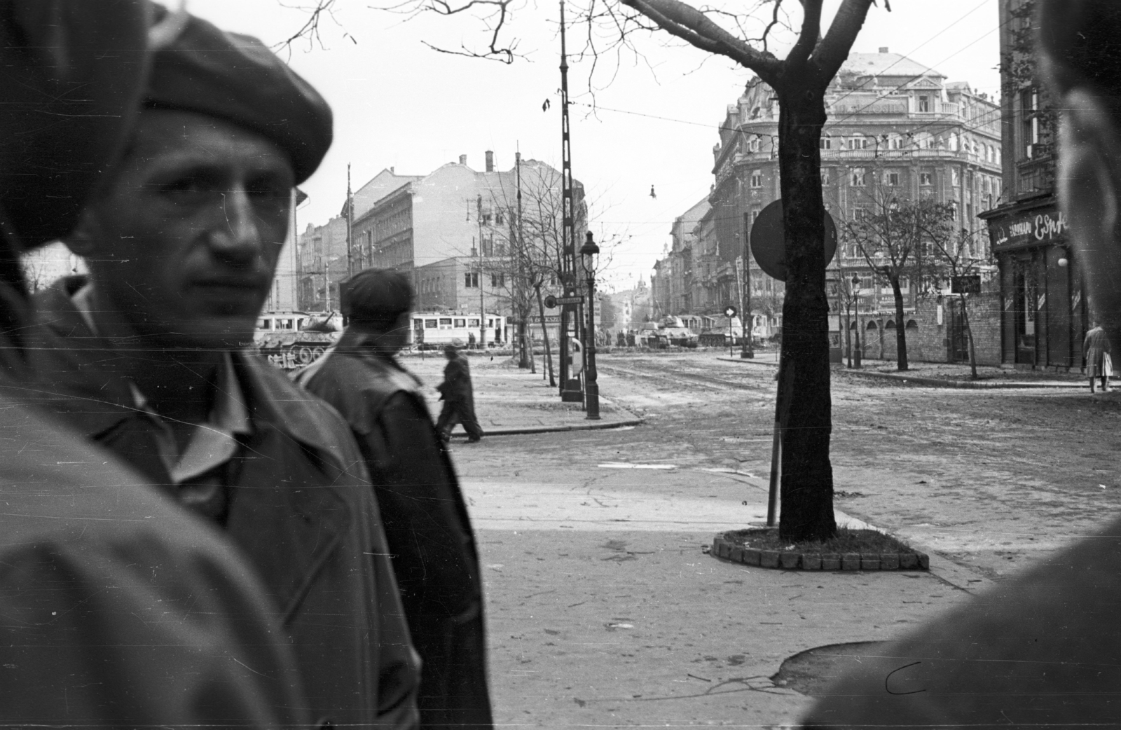 Hungary, Budapest V., Kecskeméti utca a Kálvin tér felé nézve., 1956, Nagy Gyula, Soviet brand, revolution, tank, street view, bus stop, lamp post, untitled, Budapest, Fortepan #40013
