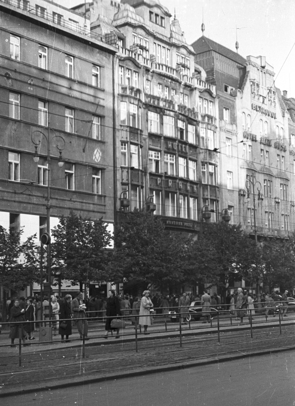 Czech Republik, Prague, Vencel tér (Václavské námestí), Hotel Praha (később Grand Hotel Europa)., 1954, Fortepan, Czechoslovakia, street view, hotel, tram stop, Fortepan #40537