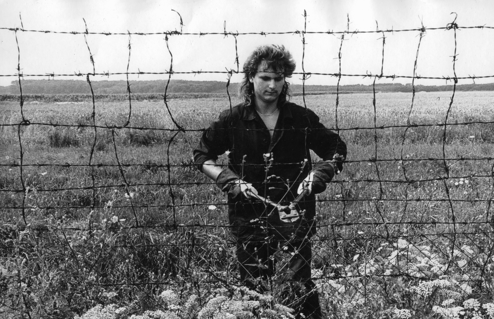 Hungary, a "vasfüggöny" lebontása a magyar-osztrák határon., 1989, Urbán Tamás, youth, field, summer, man, work, wire obstacle, fence, tool, barb wire, iron curtain, regime change, Fortepan #40703