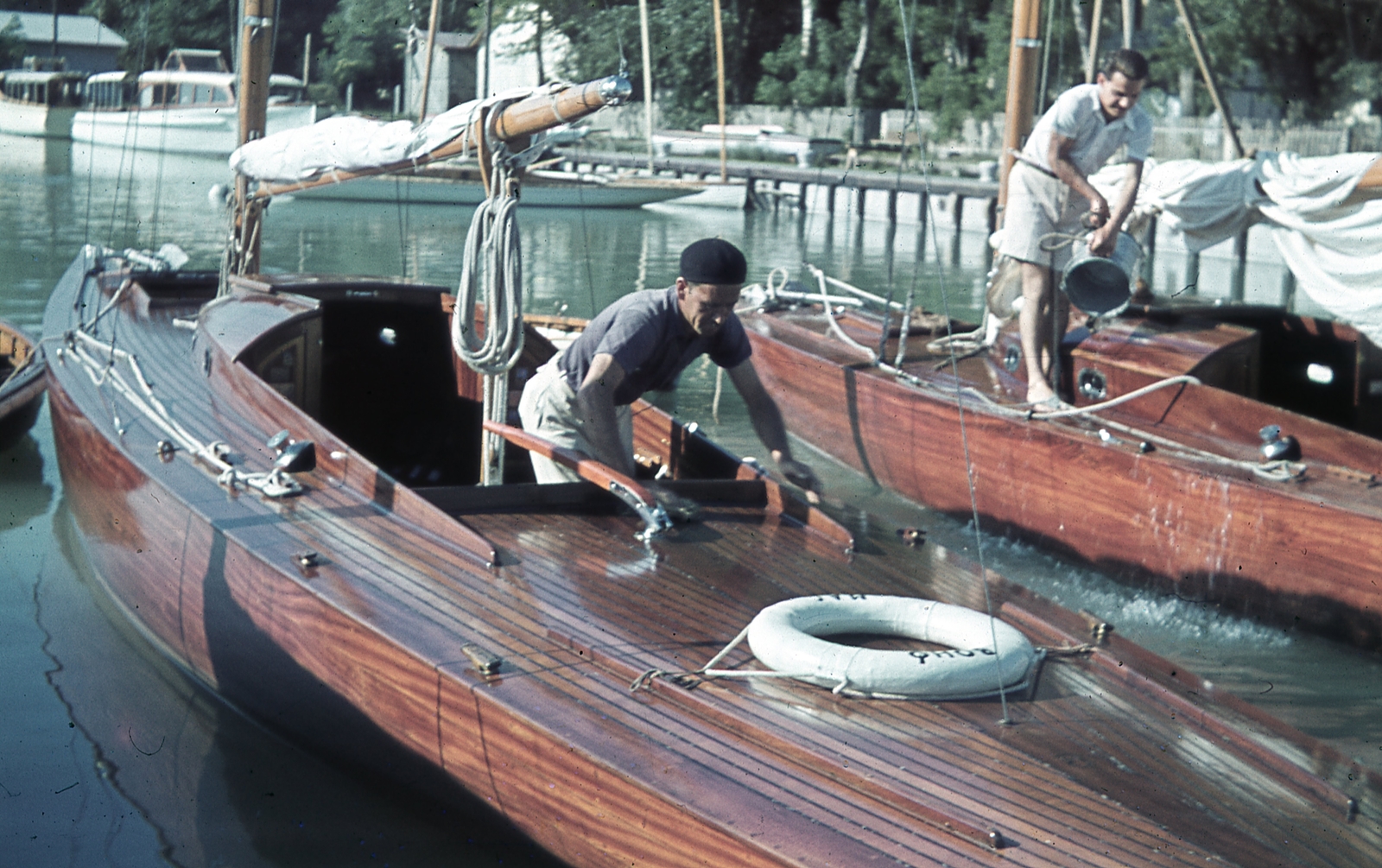 Hungary,Lake Balaton, Siófok, a MAC vitorláskikötője., 1941, Ember Károly dr., sailboat, colorful, lifebelt, cruiser, Fortepan #40816