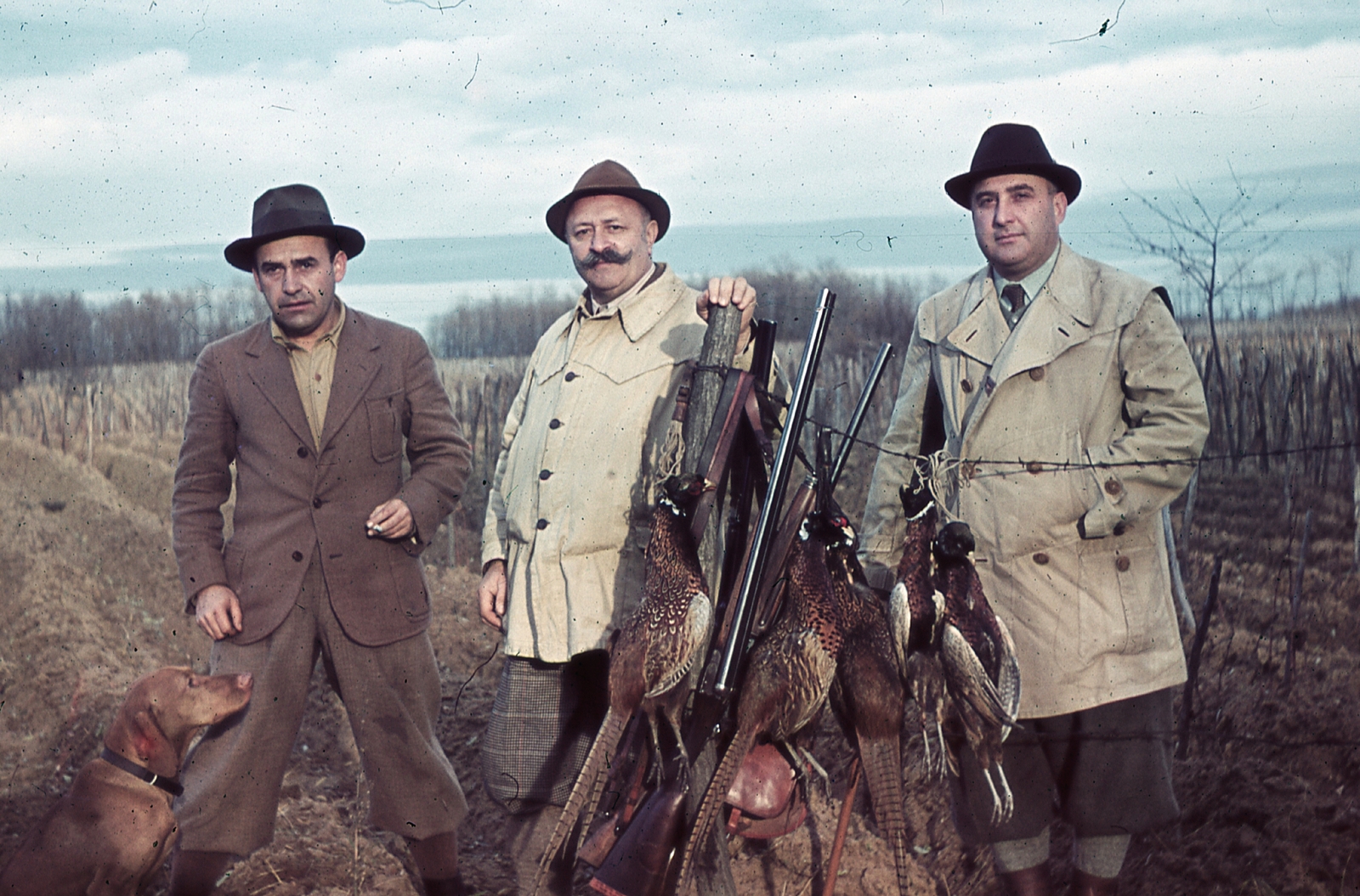 Hungary, Ócsa, a felvétel bal szélén, cigarettával a kezében dr. Ember Károly. Középen dr. Radák György, a VIII. kerületi rendőrkapitányság korábbi vezetője., 1940, Ember Károly dr., colorful, hunting, pheasant, Fortepan #40890