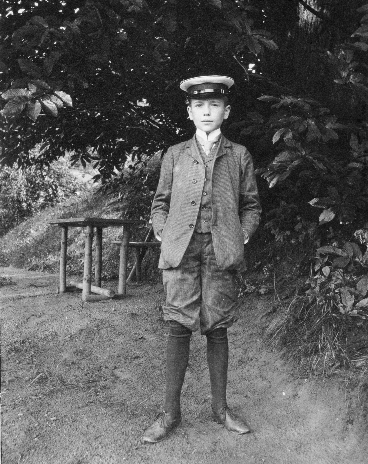 1908, SK, garden, cap, boy, hands in pockets, Fortepan #40916