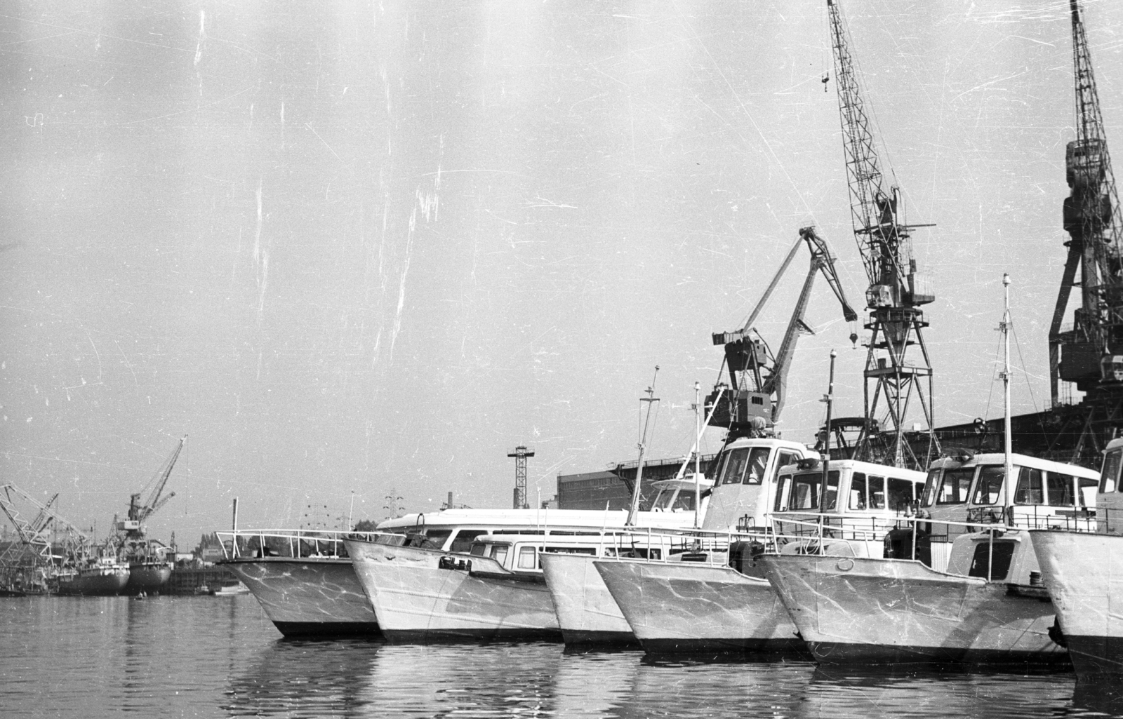 Hungary, Budapest XIII., Újpesti-öböl, a Magyar Hajó- és Darugyár Angyalföldi Gyáregysége. TÁPÉ 100 típusú átkelőhajók., 1975, Angyalföldi Helytörténeti Gyűjtemény, ship, Hungarian brand, crane, shipbuilding industry, water bus, Budapest, Fortepan #41192