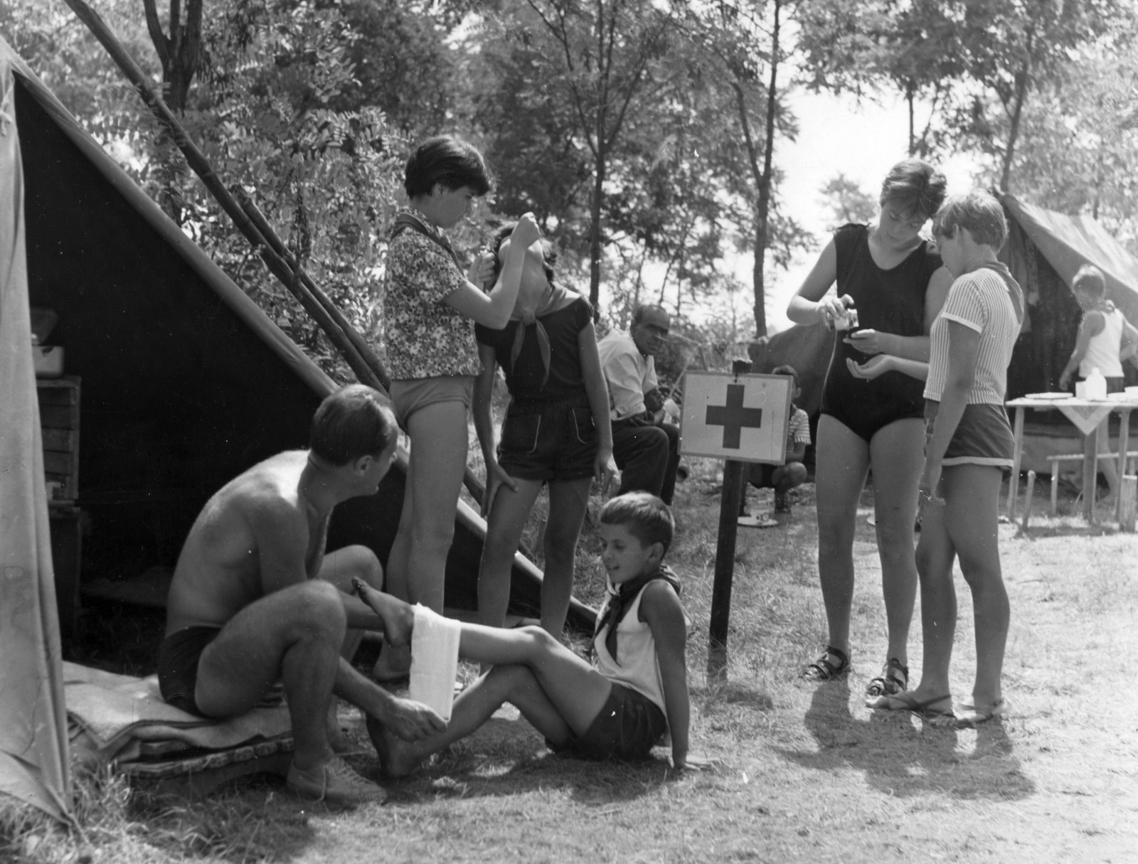 Hungary, Lakitelek, Tőserdő, Várkonyi György úttörőtábor., 1968, Angyalföldi Helytörténeti Gyűjtemény, pioneer, camp, first aid, tent, Fortepan #41372
