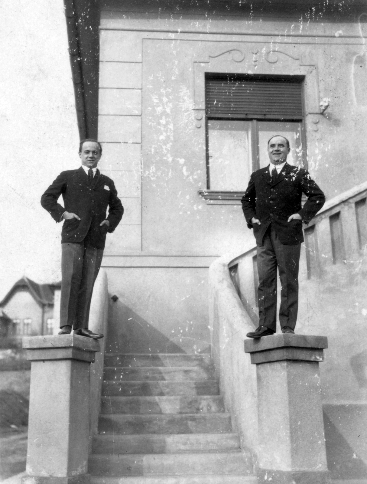 1936, Csermely Károly, férfiak, lépcső, kettős portré, zsebredugott kéz, Fortepan #41637