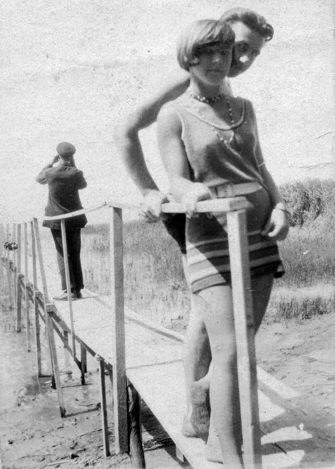 1922, Csermely Károly, beach, bathing suit, bathing, summer, pier, shore, reed, Fortepan #41641