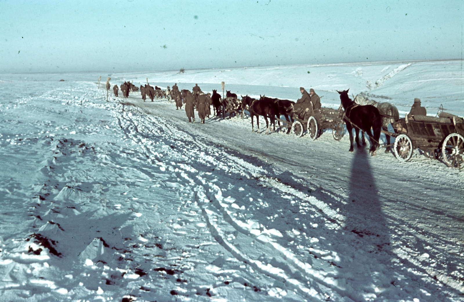 Russia, Ivanovka, (Voronyezsi terület, hoholszkiji járás), a felvétel a település déli határánál készült., 1942, Konok Tamás id, winter, snow, colorful, horse, chariot, military, Fortepan #42572