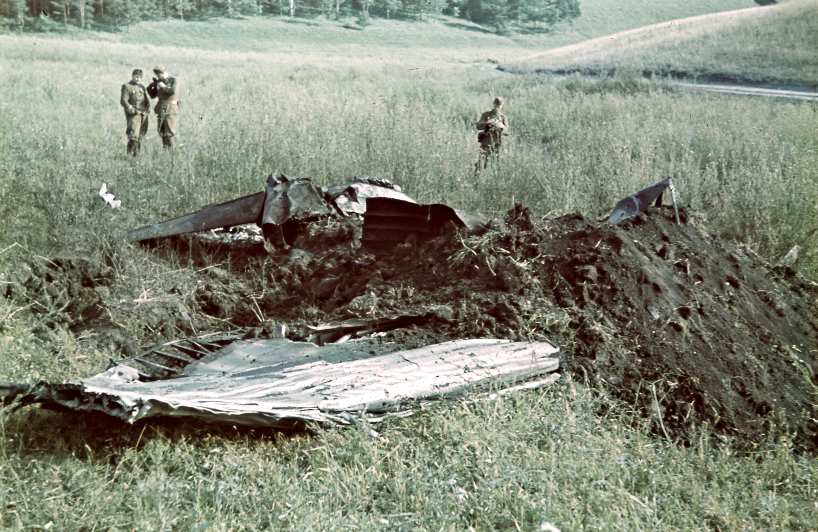 Oroszország, Alekszejevka, Horthy István lezuhant repülőgépének roncsai 1942 augusztus 20-án., 1942, Konok Tamás id, közlekedés, Szovjetunió, keleti front, színes, baleset, repülőgép, olasz gyártmány, MKHL, második világháború, járműroncs, Reggiane-márka, Reggiane Re.2000 Falco, Fortepan #42610