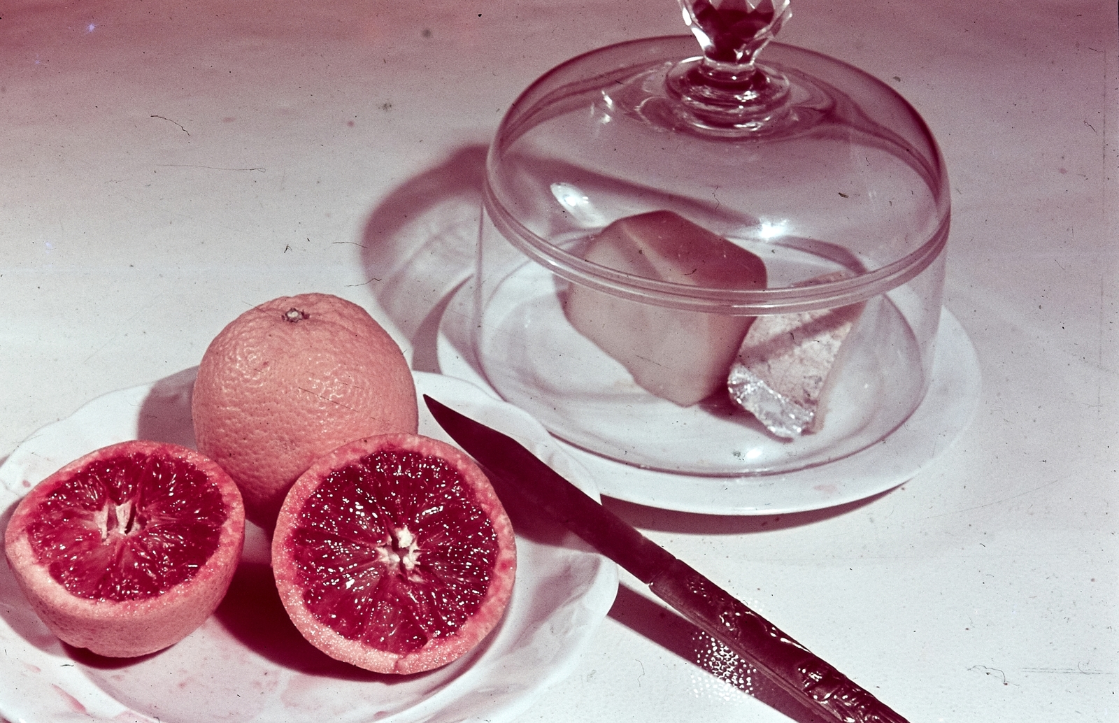 1938, Konok Tamás id, colorful, meal, still life, knife, cheese, fruit, Fortepan #42638