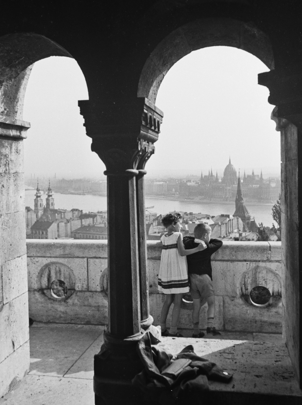 Hungary, Halászbástya, Budapest I., kilátás a Duna felé., 1939, Konok Tamás id, Frigyes Schulek-design, parliament, Budapest, Fortepan #42908