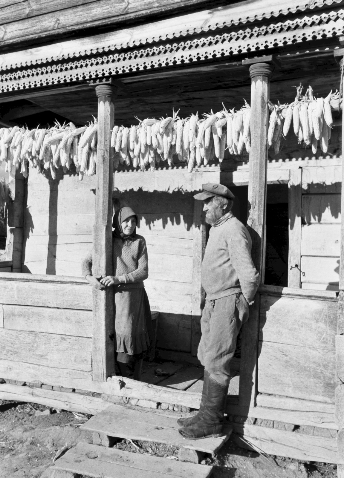 Russia, Koltunovka, 1942, Konok Tamás id, porch, corn, headscarf, Fortepan #43104