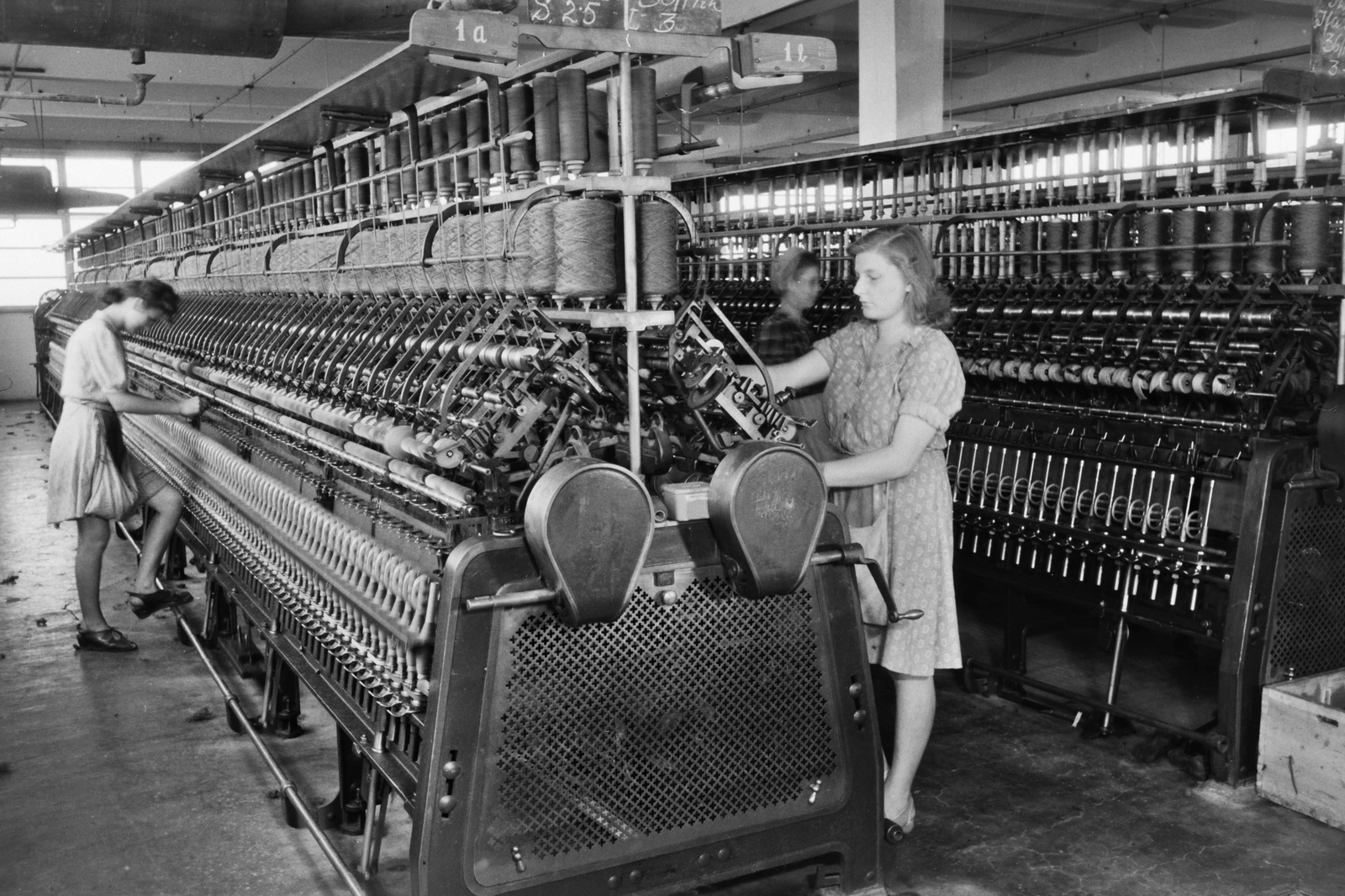 Hungary, Győr, Tihanyi Árpád út (Régi posta utca) 23., Richards Richárd Győri Finomposztógyár., 1948, Konok Tamás id, portrait, factory, genre painting, textile industry, work, working woman, work competition, ring spinning machine, Fortepan #43348