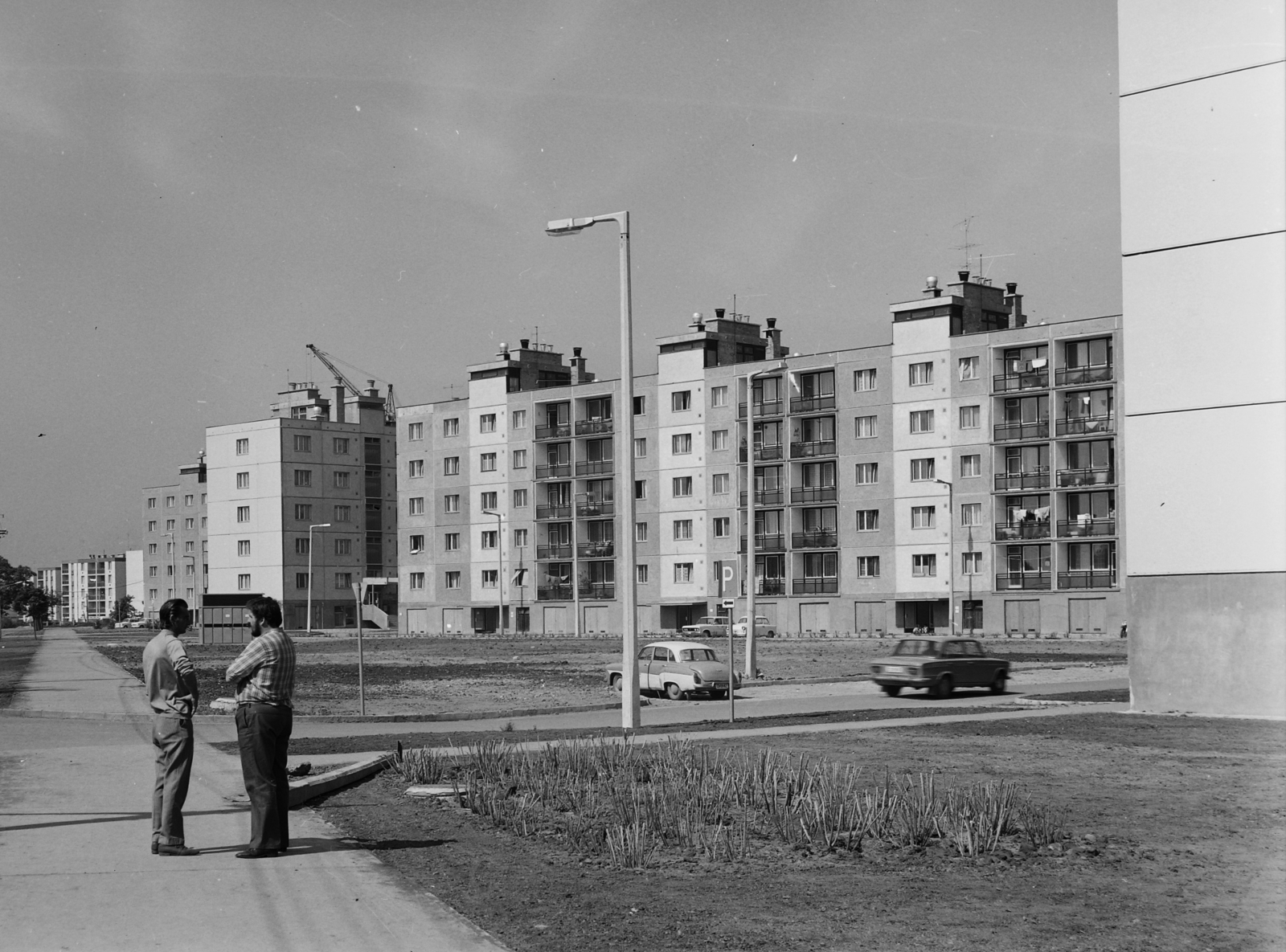 Hungary, Békéscsaba, Lencsési út, jobbra a 101-105., 1976, Kádas Tibor, German brand, Soviet brand, blocks, Lada-brand, Wartburg-brand, lamp post, automobile, Fortepan #4361