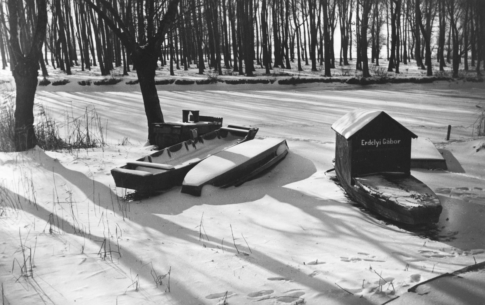 1940, Konok Tamás id, woods, winter, snow, boat, shore, Fortepan #43664