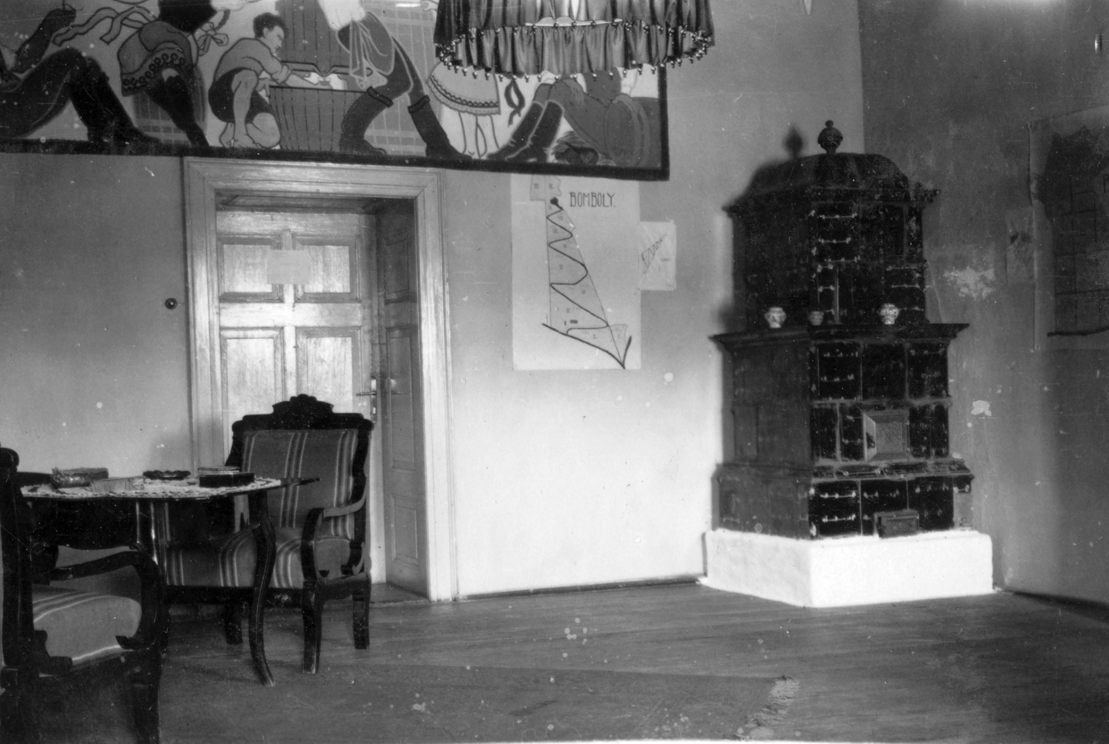 Hungary, Mád, 1934, Vojnich Pál, tile stove, painting, interior, wall picture, Fortepan #43857