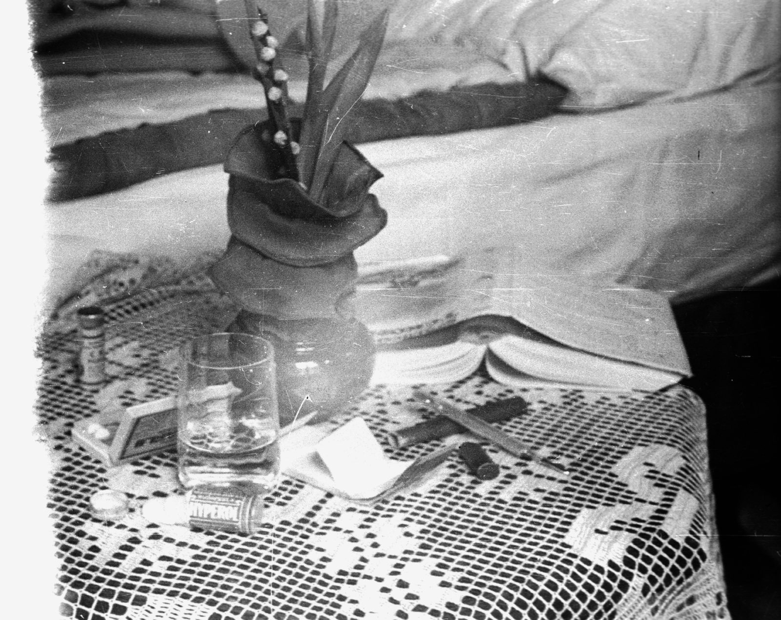 1940, Ludovika, book, still life, furniture, bed, glass, table, thermometer, pills, lace, Fortepan #43923