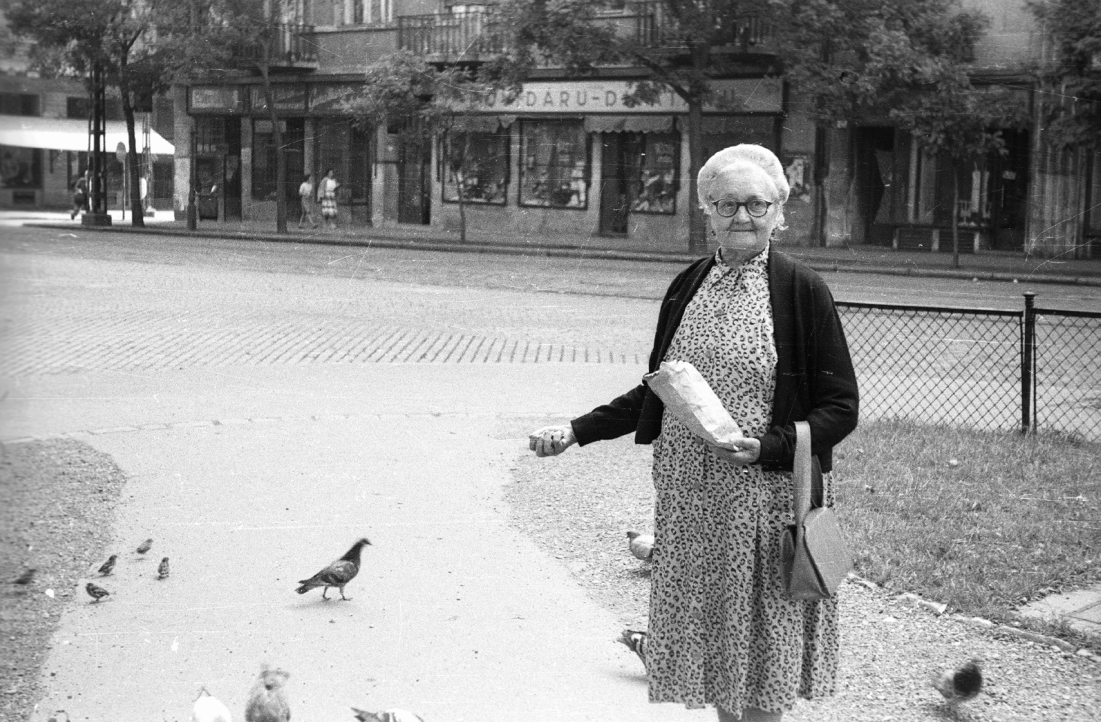 Hungary, Budapest XIII., Jászai Mari tér a Budai Nagy Antal utca felé nézve., 1962, Fortepan, portrait, sign-board, street view, glasses, bird, woman, handbag, dove, haberdashery, Budapest, rails, Fortepan #44048