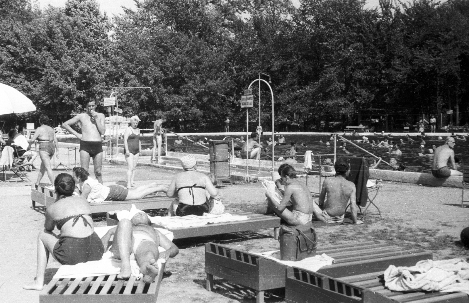 Magyarország, Harkány, gyógyfürdő., 1959, Fortepan, strand, medence, fürdőruha, fürdőzés, nyugágy, Fortepan #44053