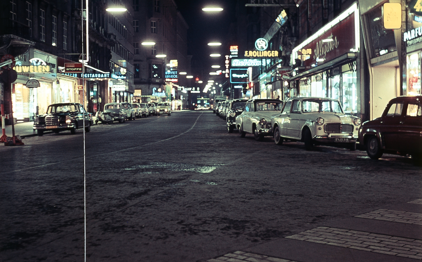 Austria, Vienna, Rotenturmstrasse a Fleschmarkt felől, 1960, Fortepan, colorful, street view, neon sign, Mercedes-brand, automobile, number plate, erroneous photo, Fortepan #44313