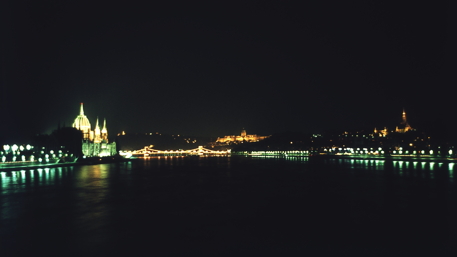 Hungary, Budapest, esti látkép a Margit hídról a Széchenyi Lánchíd felé nézve., 1971, Fortepan, colorful, night, parliament, floodlighting, Fortepan #44320