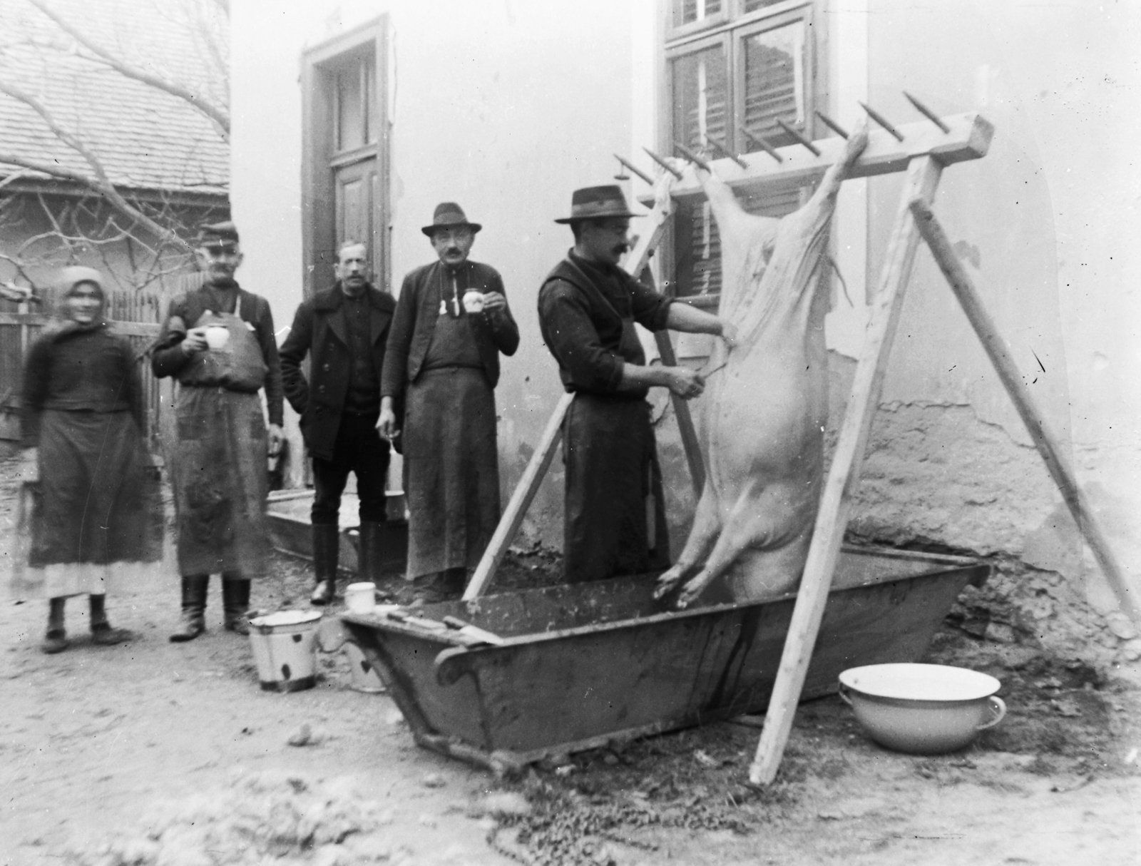 Magyarország, Solymár, 1925, Korenchy László, udvar, sertés, italozás, népviselet, állatvágás, férfi, nő, vödör, kötény, vájdling, teknő, böllér, hagyomány, rémfa, rendfa, bajusz, kalap, parasztház, Fortepan #44402