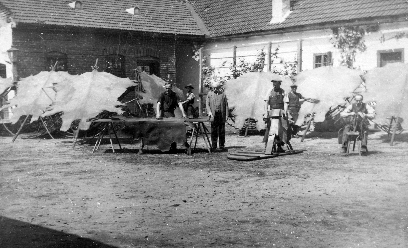 1921, Jurányi Attila, udvar, férfiak, munka, szerszám, tímár, bőr, bőrcserzés, állatbőr, Fortepan #44847