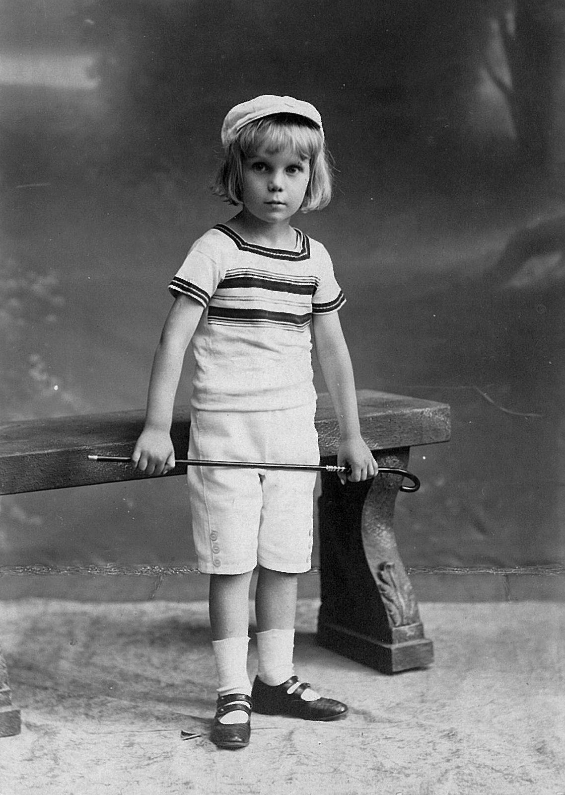 1918, Kövendy Katalin, portrait, kid, studio, bench, walking cane, Fortepan #44863