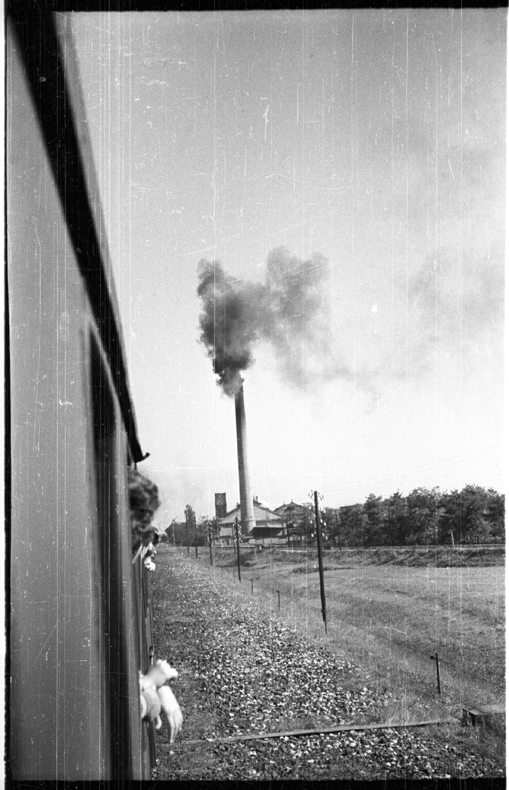 Hungary, Püspökladány, 1958, Mészáros Zoltán, train, factory chimney, Fortepan #44950