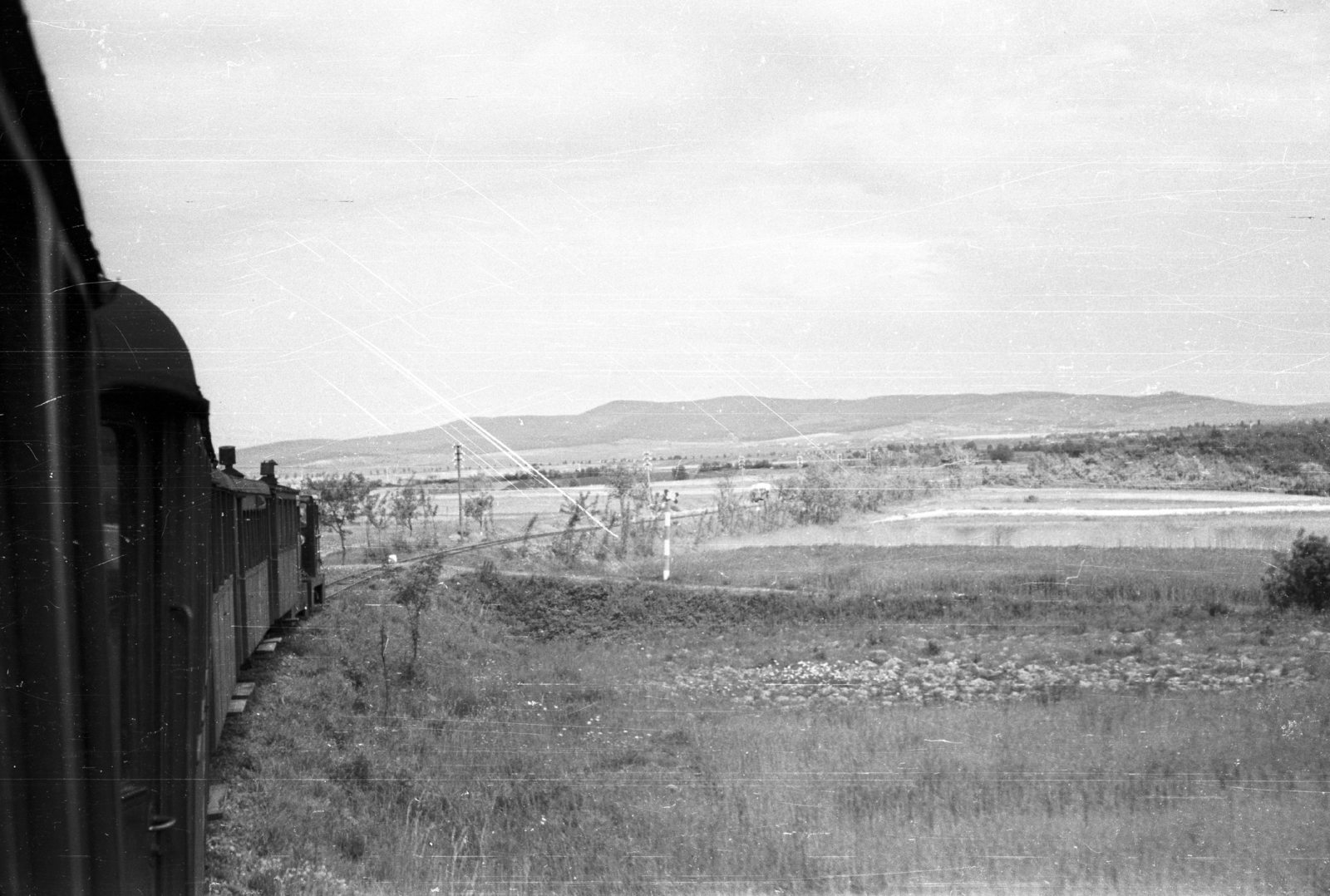 Hungary, a Hegyközi Kisvasút Mikóháza és Széphalom közötti szakasza., 1959, Mészáros Zoltán, railway, Hungarian brand, landscape, coach, train, narrow-gauge railway, C-50 rail tractor, Északi Járműjavító-brand, Fortepan #45000