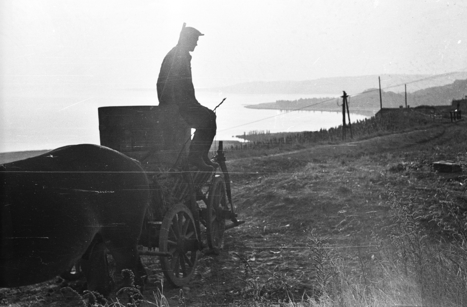 Hungary,Lake Balaton, Badacsonytomaj, szüret., 1959, Mészáros Zoltán, chariot, water surface, barrel, coach, man, view, Fortepan #45087