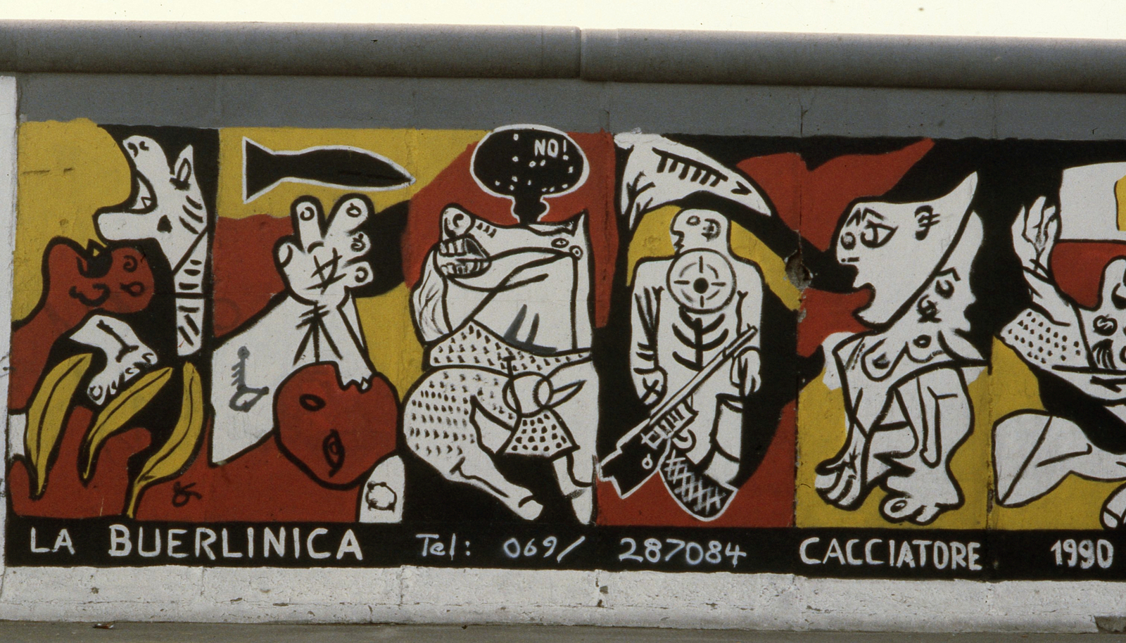 Németország, Berlin, Mühlenstrasse, berlini fal (East Side Gallery), Stephan Cacciatore alkotása: La Buerlinca., 1990, Urbán Tamás, színes, NDK, Berlini fal, Kelet-Berlin, modern művészet, Fortepan #45311