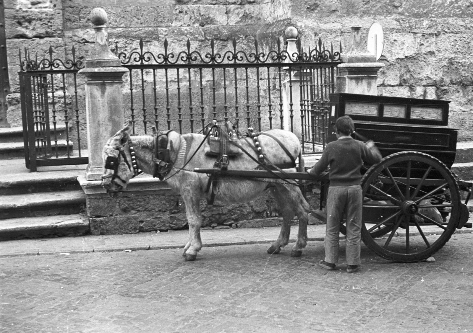 Spain, Córdoba, Calle Torrijos, szemben a Mezquita fala a Puerta San Miguel (Szent Mihály kapu) mellett., 1971, Krasznai Gyula, donkey, hurdy-gurdy, Fortepan #46006