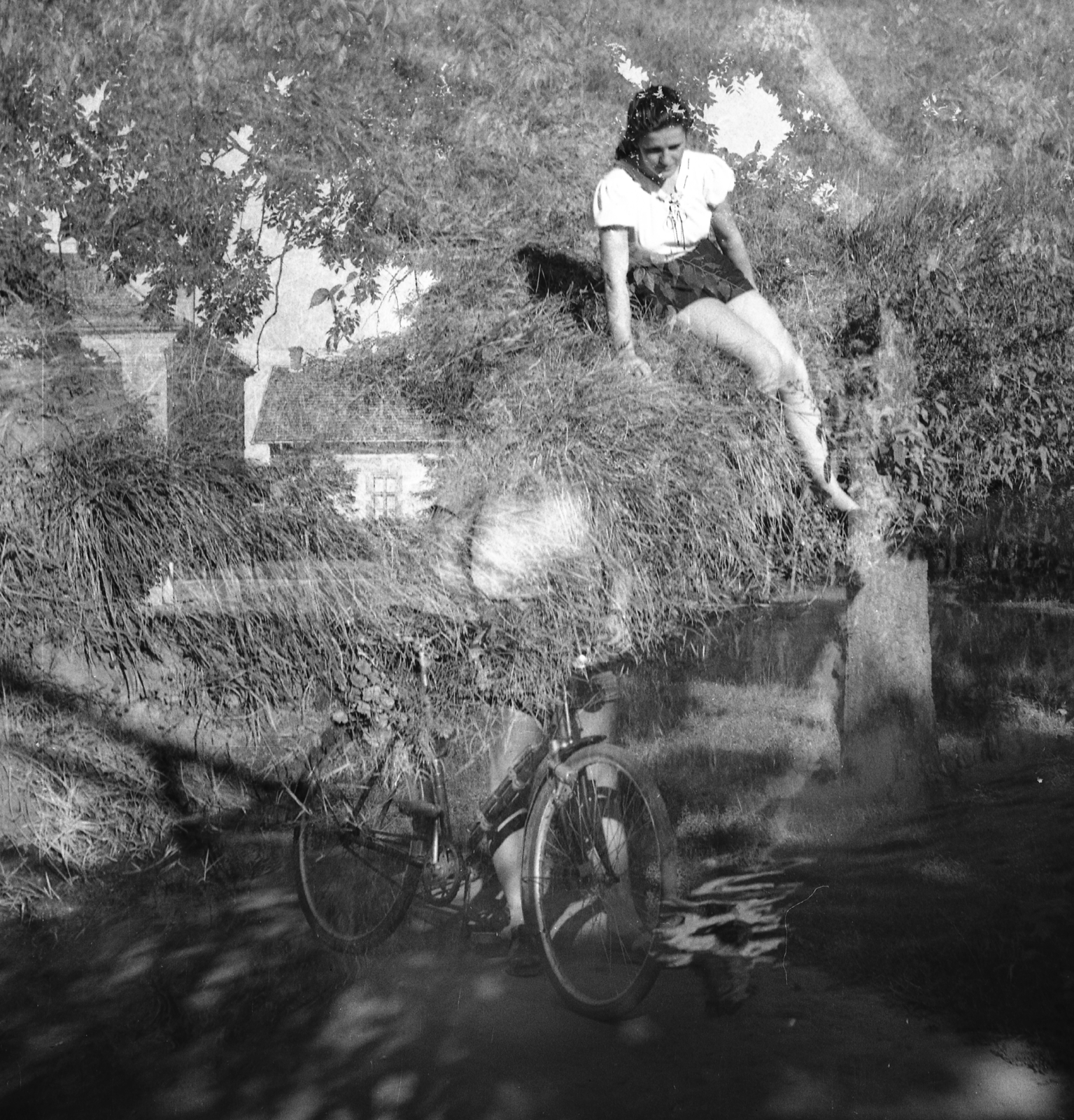 1952, Eperjesi Gyula, bicycle, summer, woman, erroneous photo, double exposure, Fortepan #46139