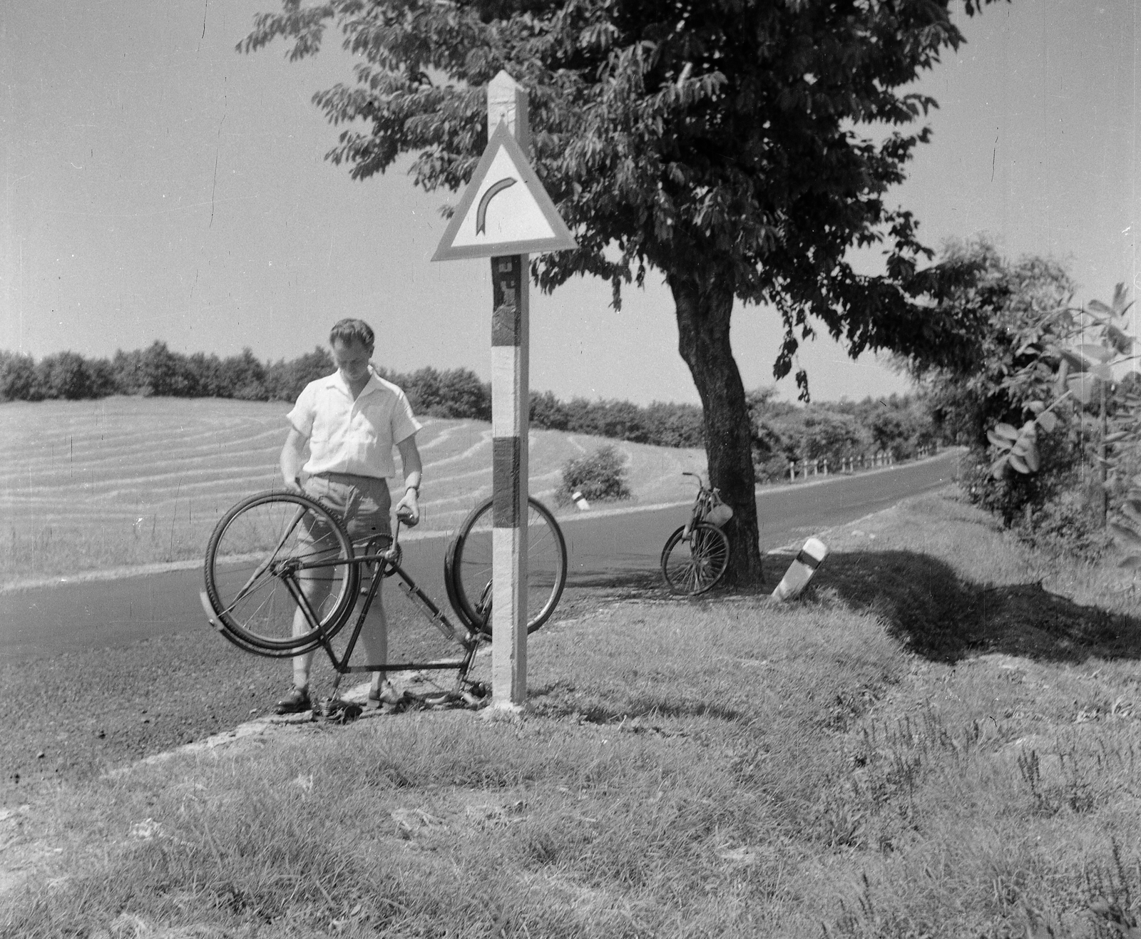 1952, Eperjesi Gyula, bicycle, excursion, summer, travelling, man, road sign, Fortepan #46150