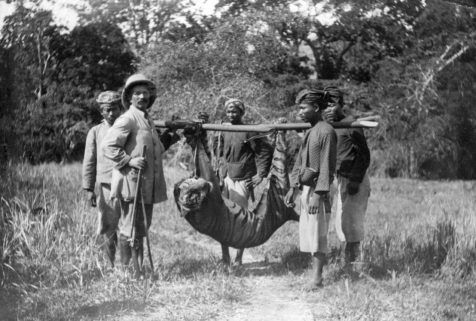 Indonézia, Bali, Gunung Gondol, báró Vojnich Oszkár egy kilőtt bali tigrissel., 1911, Vojnich Pál, erdő, kalap, férfiak, vadász, vadászat, tigris, fegyver, zsákmány, Fortepan #46197