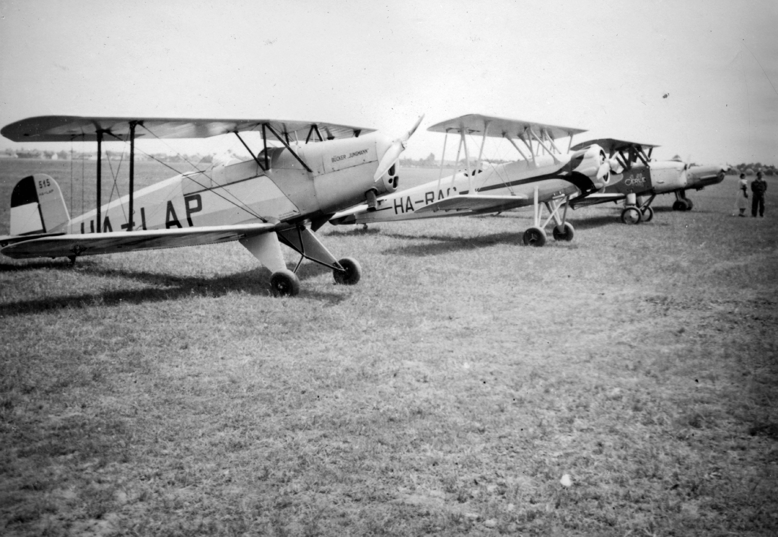 Előtérben egy Bücker Bü 131 "Jungmann" repülőgép, magyar neve "Csíz", ezt követi a Szegedy M-21 Harag műrepülőgép, takarásban Bánhidi Antal Gerle 14 típusú repülőgépe, távolban egy Messerschimitt Bf-108 Taifun futárrepülőgép orra látszik., 1938, Vojnich Pál, German brand, Hungarian brand, airplane, military, Royal Hungarian Air Force, Bücker-brand, Szegedy-brand, Messerschmitt-brand, Antal Bánhidi design, biplane, Fortepan #46223