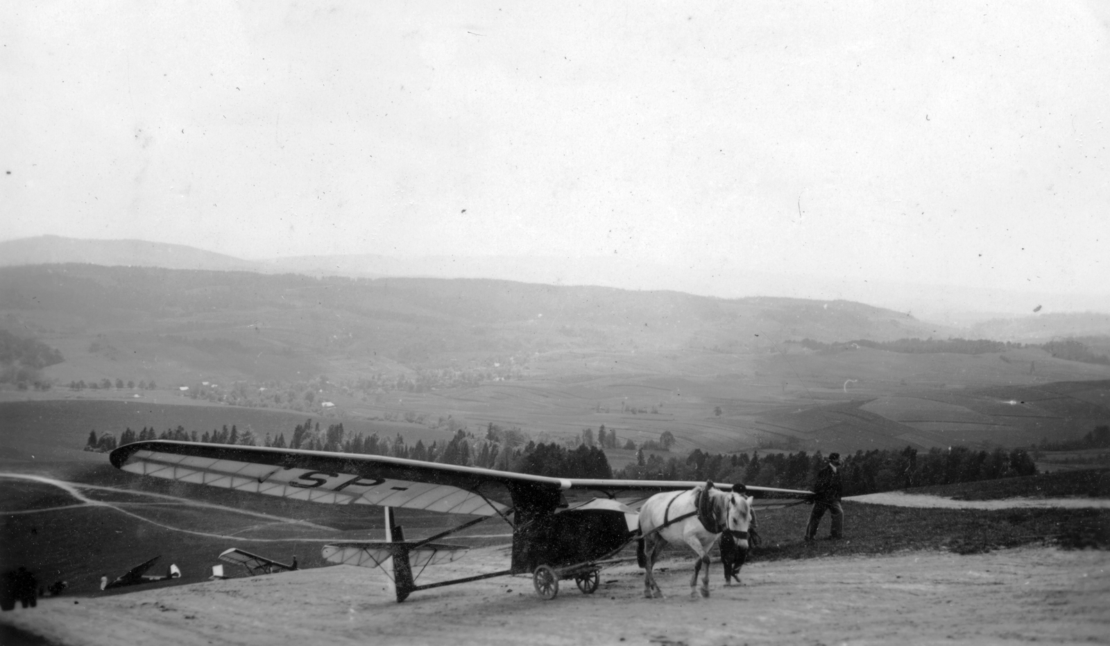 Poland, Bezmiechowa, vitorlázórepülőtér. IS-A Salamandra típusú vitorlázó repülőgép., 1939, Vojnich Pál, horse, airplane, coach, airport, Polish brand, sailplane, W.W.S.-brand, Fortepan #46277