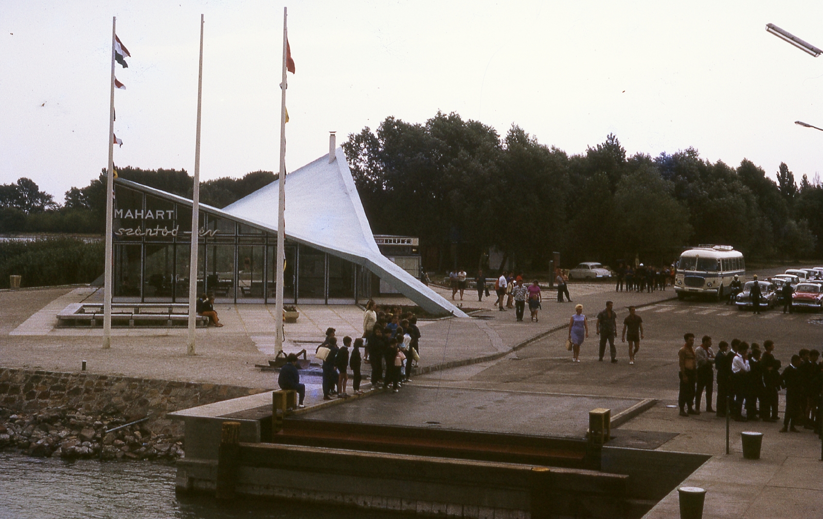 Hungary,Lake Balaton, Szántód, rév., 1968, Gwen Jones, colorful, excursion, bus, neon sign, automobile, boat station, Hyperbolic paraboloid shells , Fortepan #46916