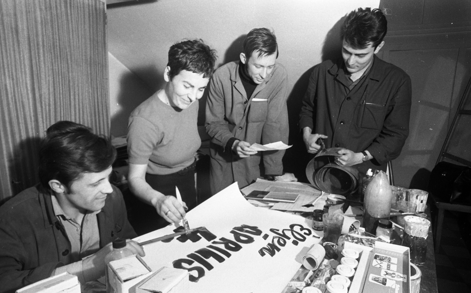1971, Urbán Tamás, munkahely, plakát, munkaruha, politikai dekoráció, április 4, Fortepan #47024