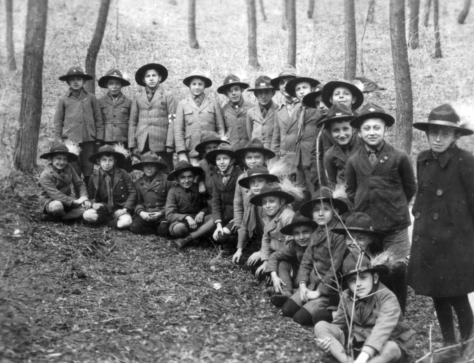 1935, Vargha Zsuzsa, woods, hat, tableau, scouting, boys, maidenhair, Fortepan #47233